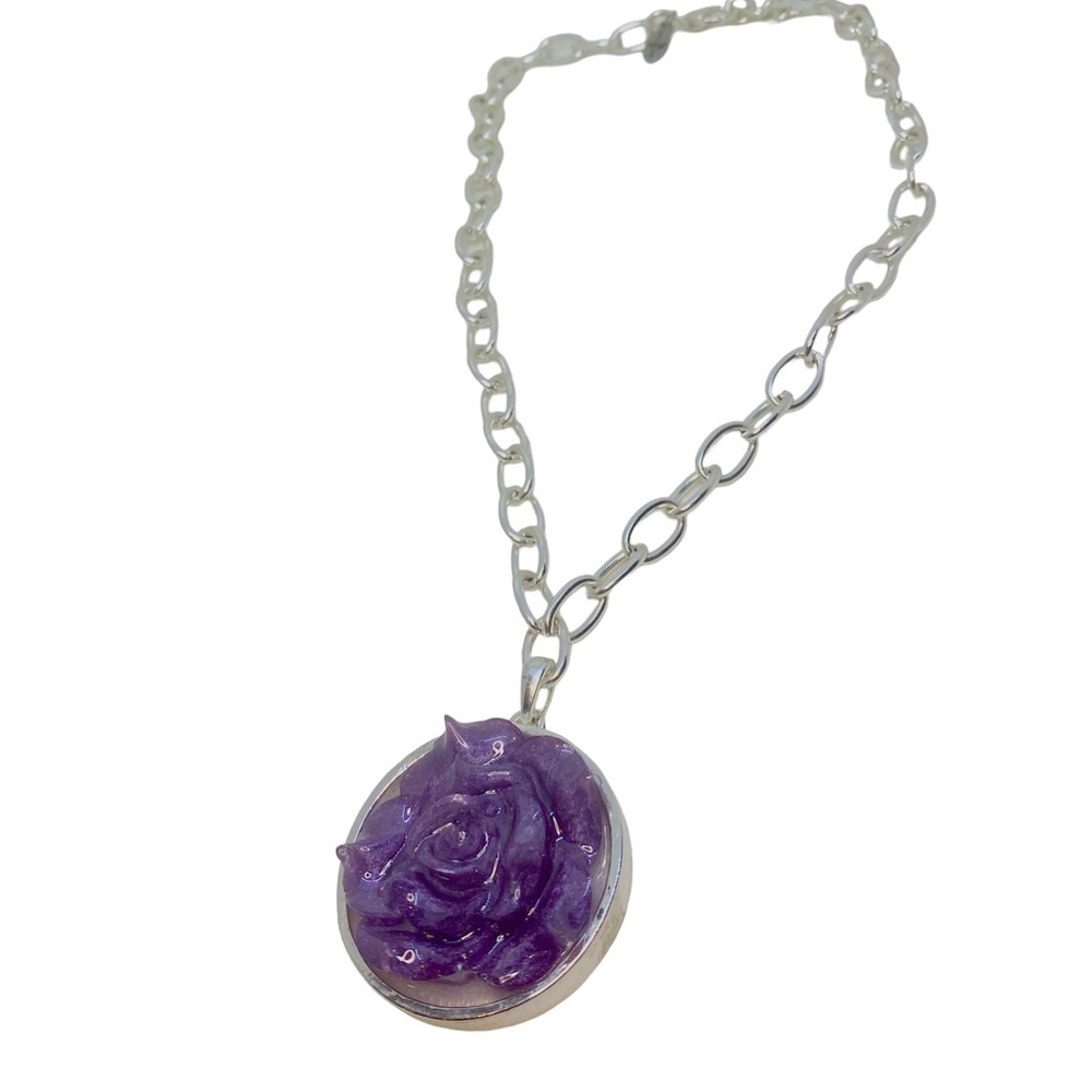 Purple & Silver Rose Pendant (2”) Necklace LOYAL MUSE 19” long - Picture 5 of 5